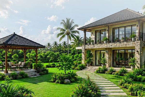Landscaped farmhouse garden at golden hour